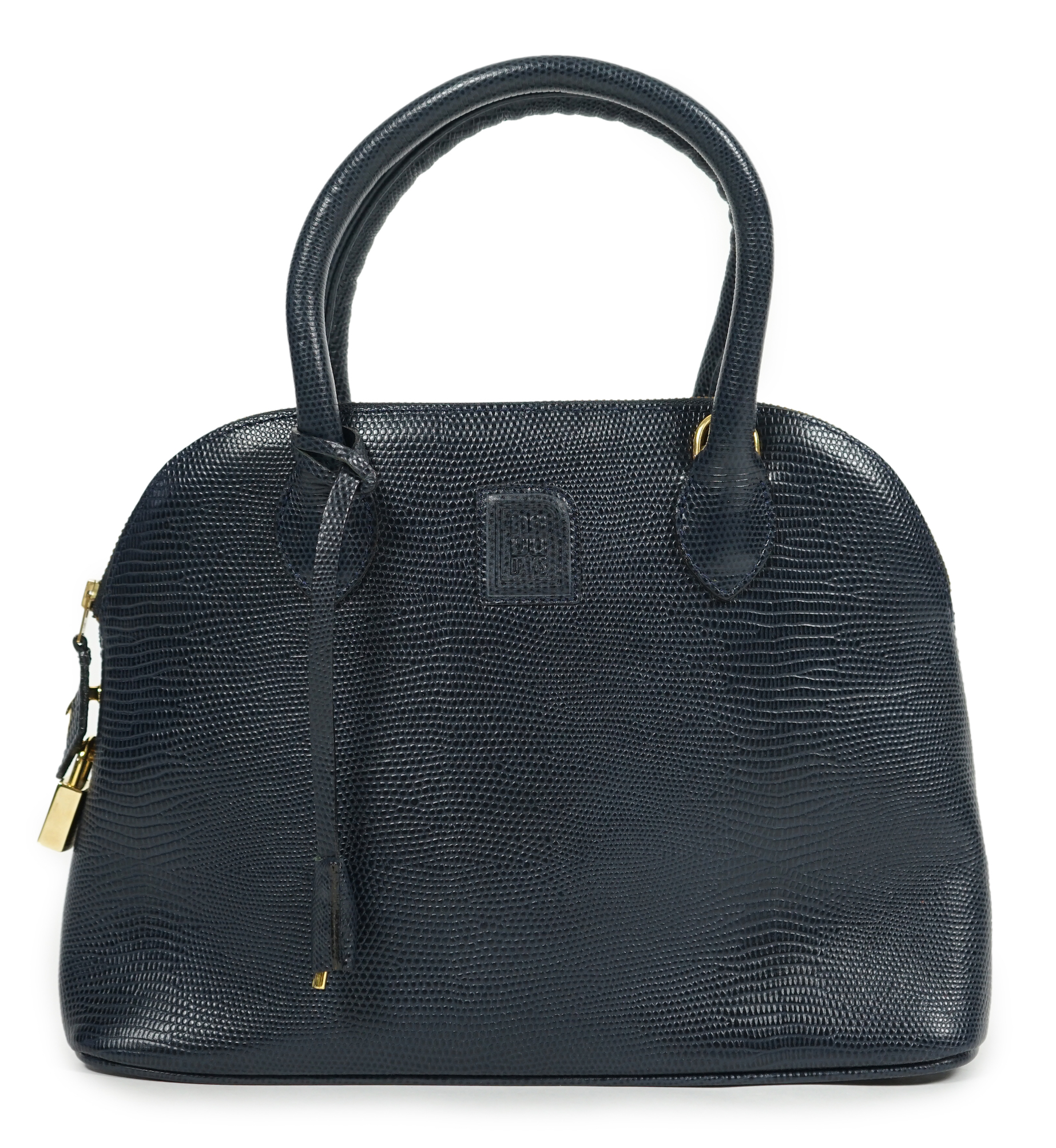 A Daks London blue faux lizard effect leather handbag with detachable shoulder strap, width 30cm, height 21cm, height to handles 30cm